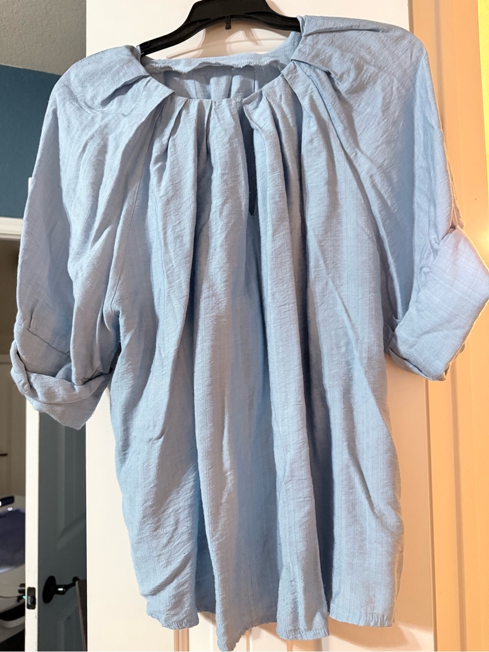 Light Blue Women's Pleated Peasant Top